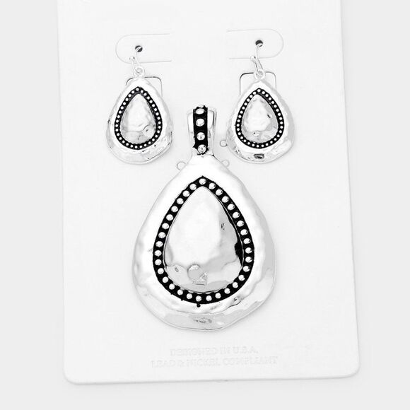 Hammered Teardrop Pendant Earrings Set - Picture 1 of 6